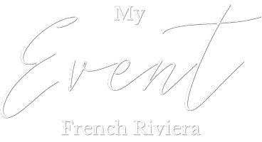 Text reads "My Event French Riviera" in elegant script Logo footer. The design suggests sophistication and connection to the French Riviera's charm and elegance.